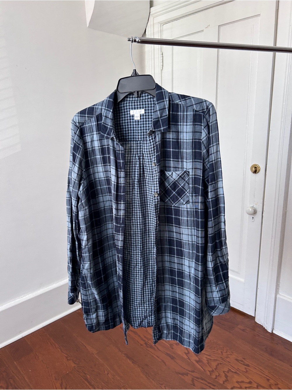 J. Jill Mixed Plaid Flannel Button Down Tunic Shirt Blue Gray Size M